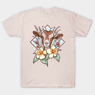 Cute Brown Goat Abstract Floral Design T-Shirt